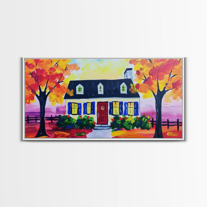 Cozy Cottage in Autumn, Framed Canvas Print, Ideal for Living Room Art, Rustic Home Decor, Charming Bedroom Wall Art