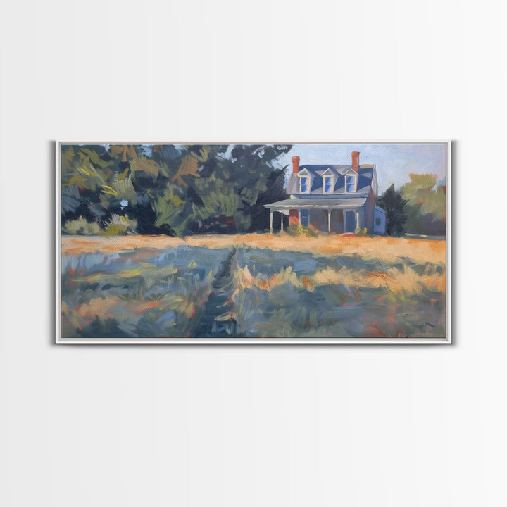 Serene Farmhouse at Dusk, Framed Canvas Print, Great for Living Room Art, Country Home Decor, Relaxing Bedroom Wall Art