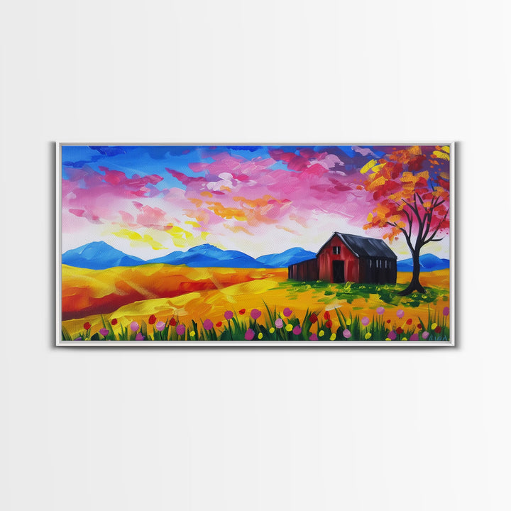 Bright Barn in Floral Field, Framed Canvas Print, Perfect for Living Room Art, Vibrant Home Decor, Colorful Bedroom Wall Art