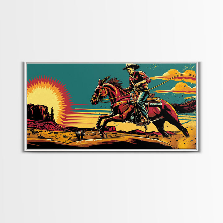 Cowboy Riding Through Desert, Southwestern Landscape Art, Framed Canvas Print, Boho Decor, Desert Art, Rustic Wall Art