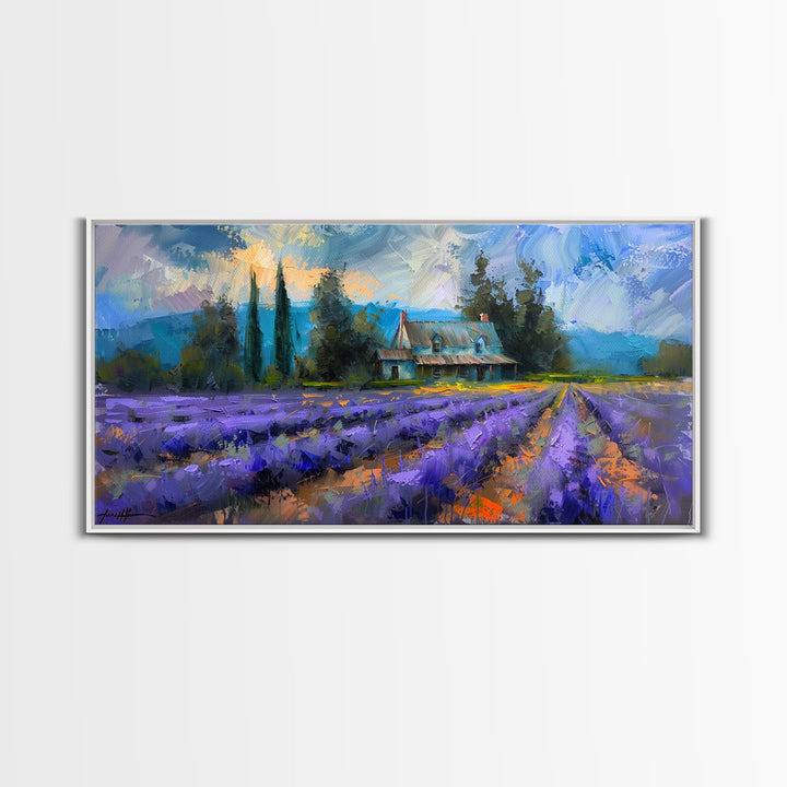 Lavender Field with Cottage, Impressionist Style, Framed Canvas Print, Farmhouse Decor, Cottagecore Art, Pastel Wall Art