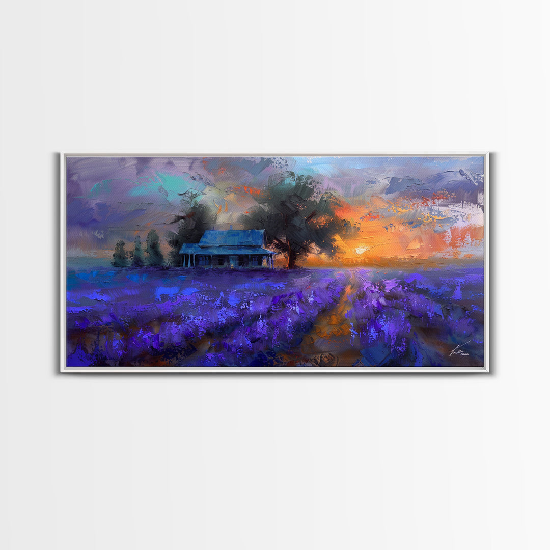 Lavender Field at Dusk, Moody Landscape Art, Framed Canvas Print, Boho Decor, Lavender Art, Rustic Bedroom Decor