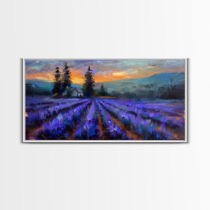 Lavender Field with Cottage, Warm Sunset Colors, Framed Canvas Print, Rustic Decor, Country Wall Art, Farmhouse Vibes