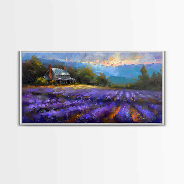 Lavender Field at Twilight, Dreamy Landscape Art, Framed Canvas Print, Boho Bedroom Decor, Purple Art, Rustic Wall Art