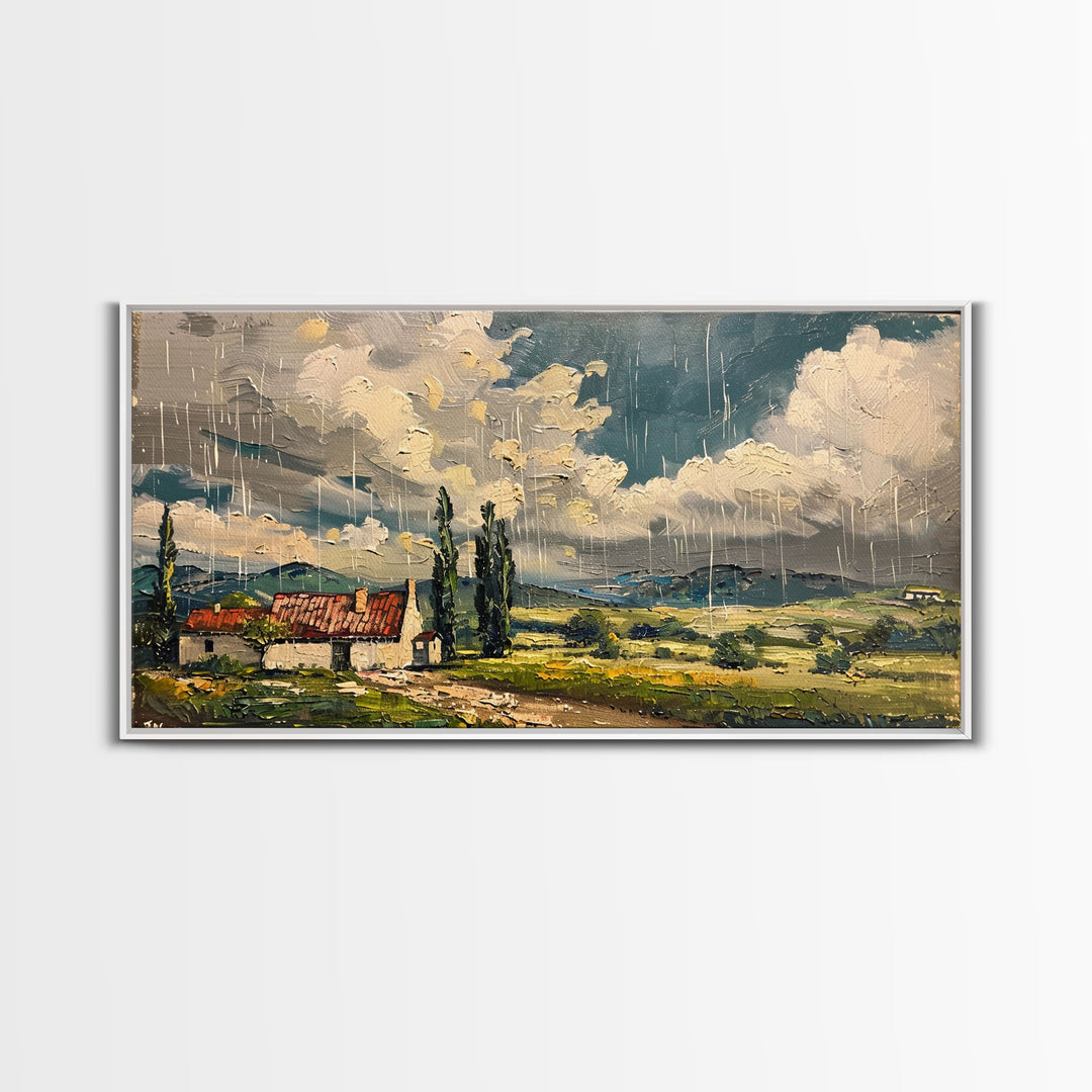 Rainy Day Over Cottage, Textured Landscape Art, Framed Canvas Print, Boho Decor, Farmhouse Style, Moody Wall Art