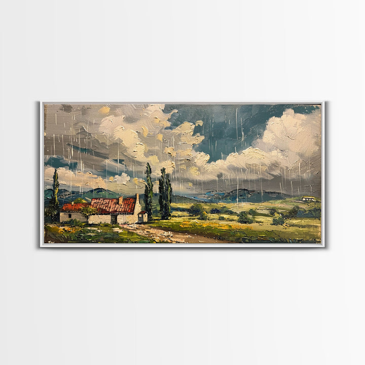 Rainy Day Over Cottage, Textured Landscape Art, Framed Canvas Print, Boho Decor, Farmhouse Style, Moody Wall Art