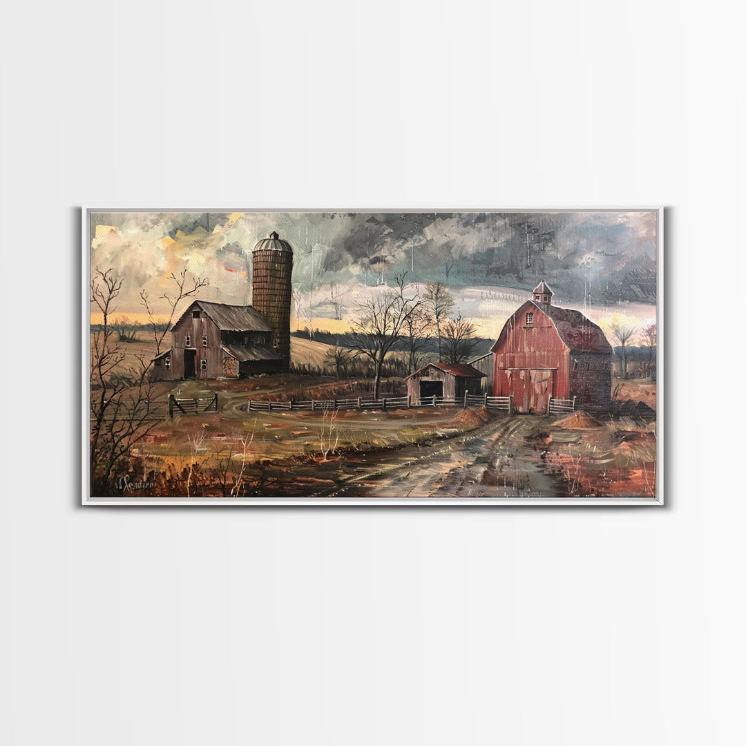 Vintage Farm Scene with Silos, Framed Canvas Print, Rustic Wall Art, Living Room Decor, Farmhouse Style, Country Home Art