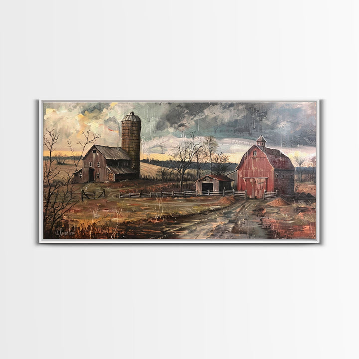 Vintage Farm Scene with Silos, Framed Canvas Print, Rustic Wall Art, Living Room Decor, Farmhouse Style, Country Home Art