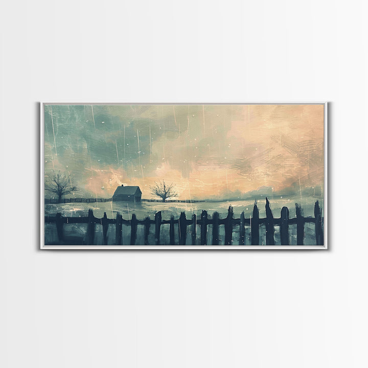 Winter Farmhouse in Snowy Landscape, Framed Canvas Print, Minimalist Wall Art, Living Room Art, Bedroom Decor, Winter Scene