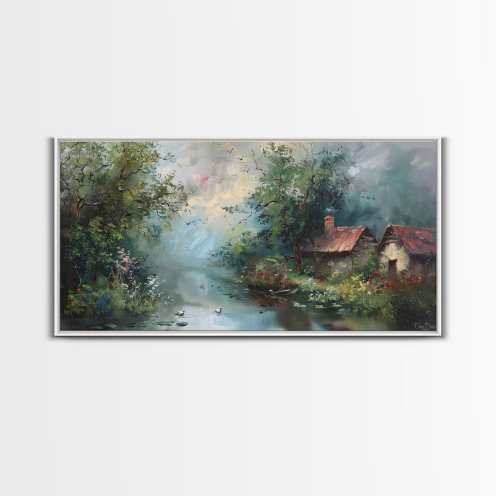 Serene River Cottage with Flowers, Framed Canvas Print, Farmhouse Style, Living Room Decor, Bedroom Art, Nature Scene