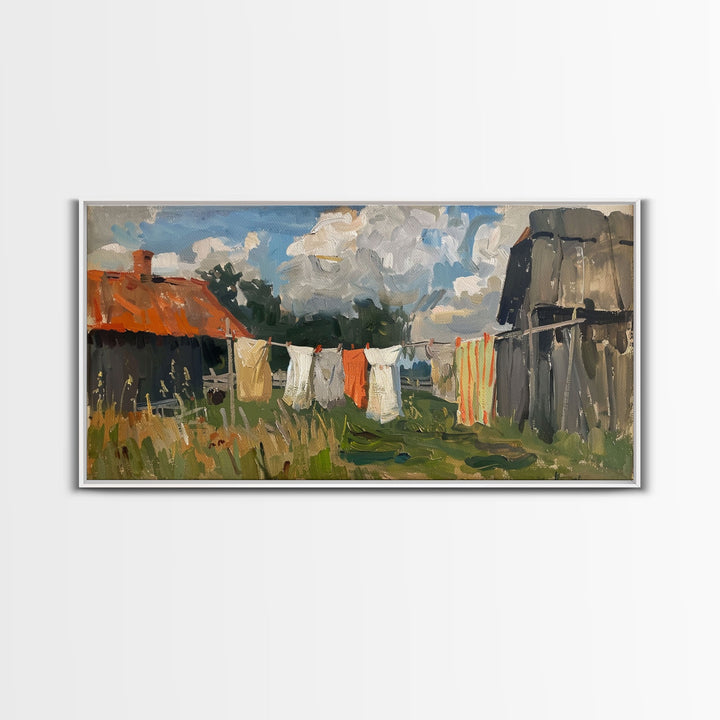 Clothesline with Rustic Farmhouse, Framed Canvas Print, Farmhouse Style, Living Room Art, Country Decor, Vintage Scene