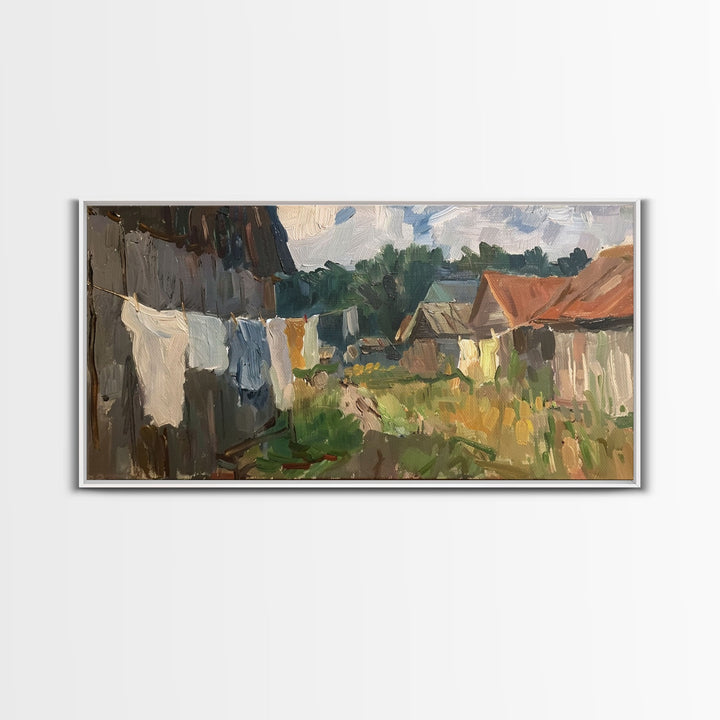 Rustic Farmyard with Laundry, Framed Canvas Print, Farmhouse Wall Art, Living Room Decor, Country Style, Outdoor Scene