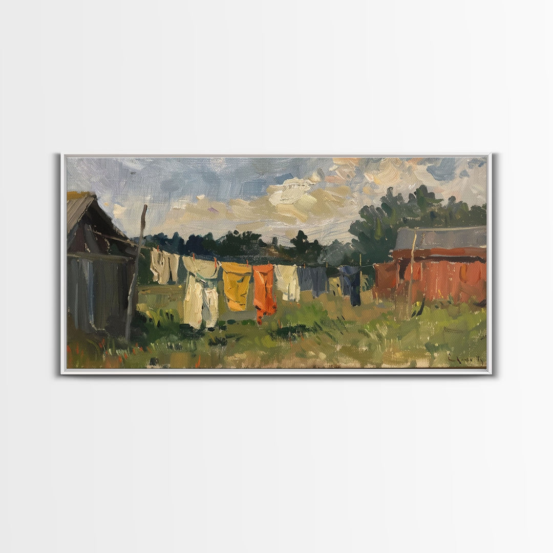 Sunny Day on the Farm with Clothesline, Framed Canvas Print, Rustic Wall Art, Living Room Decor, Farmhouse Style, Country Scene
