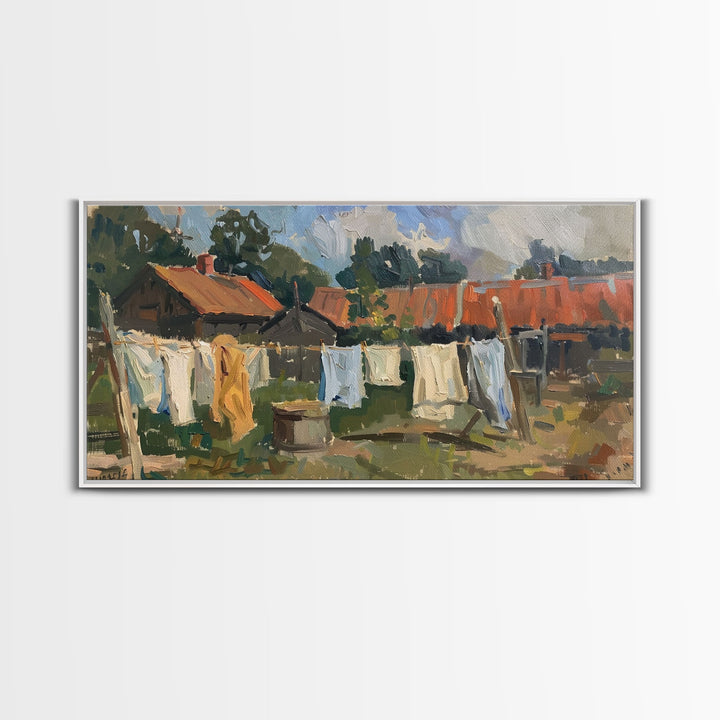 Rustic Homestead with Clothesline, Framed Canvas Print, Farmhouse Style, Living Room Art, Country Decor, Vintage Scene