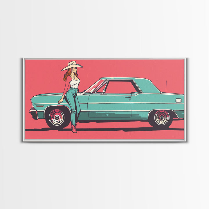Cowgirl Leaning Against Classic Car in Pop Art Style, Vibrant Framed Canvas Print for Bedroom, Perfect Living Room Wall Art