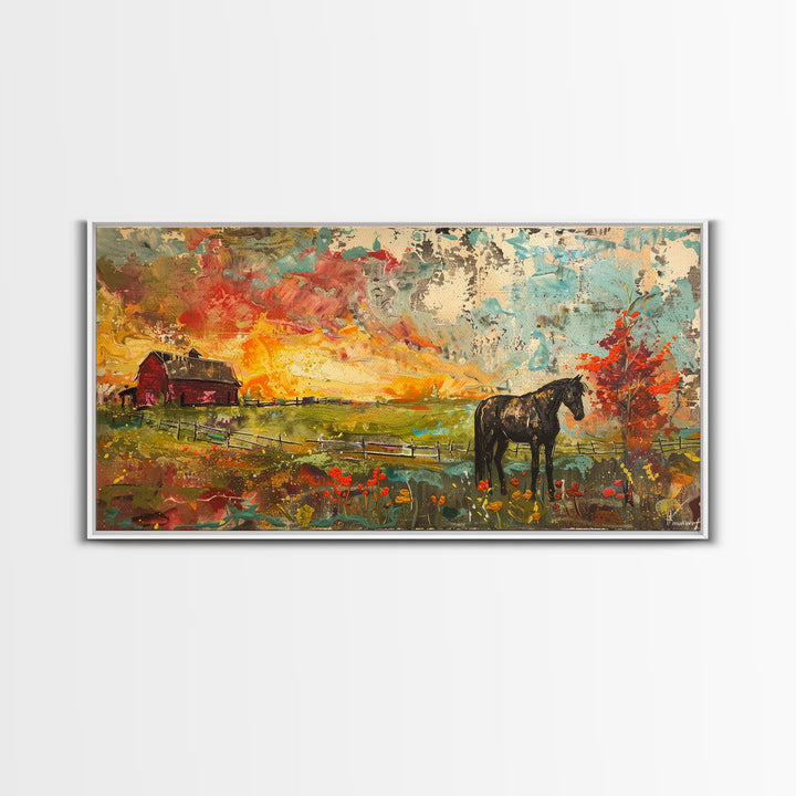 Horse and Red Barn in Colorful Field, Beautiful Farmhouse Art, Framed Canvas Print, Rustic Living Room Decor, Vibrant Wall Art