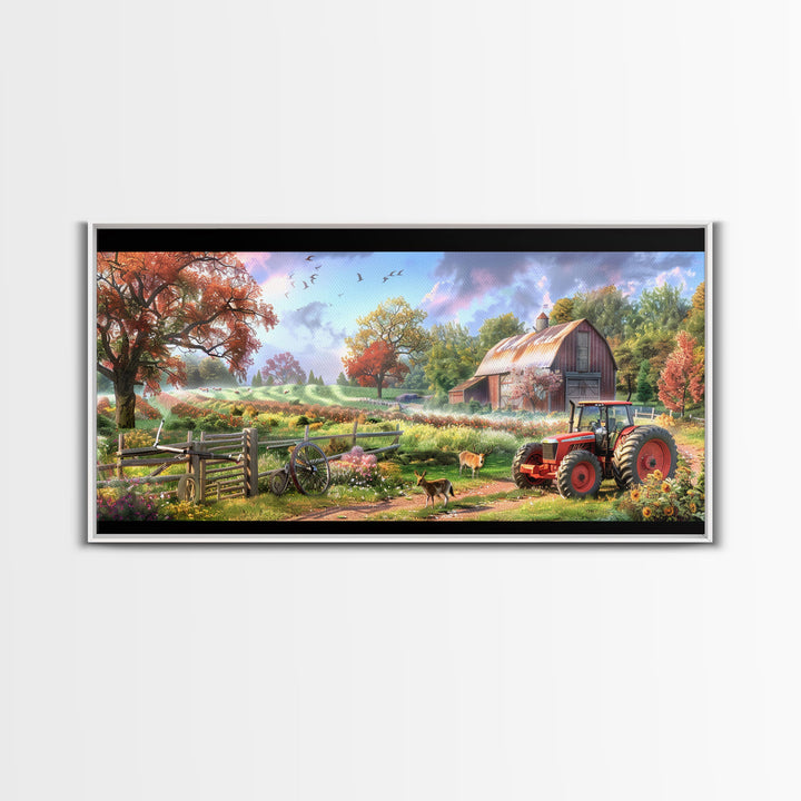 Tranquil Farm Scene with Red Barn and Tractor, Idyllic Rural Art, Framed Canvas Print, Country Wall Decor, Living Room Decoration