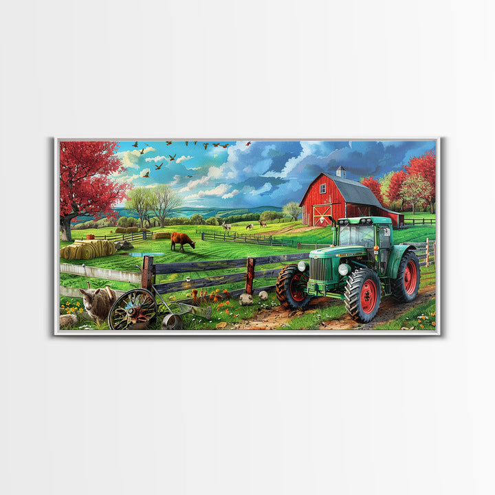 Green Tractor and Red Barn in Lush Fields, Perfect Farmhouse Art, Framed Canvas Print, Rural Wall Decor, Living Room Decoration
