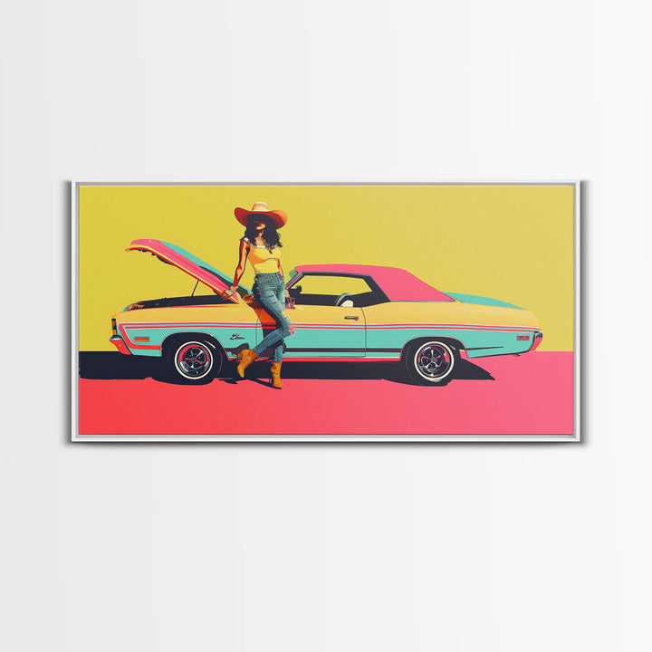 Colorful Pop Art Cowgirl with Classic Car, Framed Canvas Print for Living Room, Bright Bedroom Wall Art, Unique Home Decor