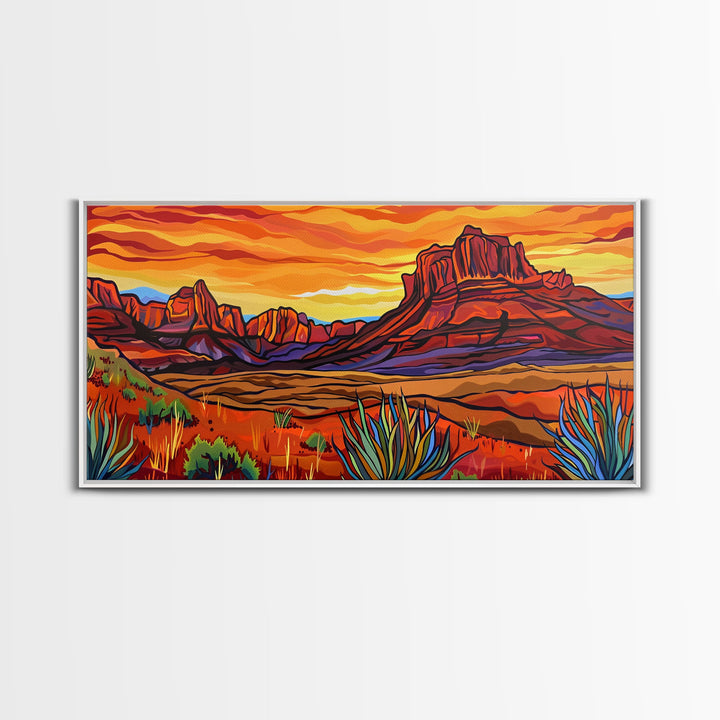 Colorful Desert Sunset with Saguaro Cacti, Framed Canvas Print for Living Room Art, Ideal for Southwestern and Boho Decor