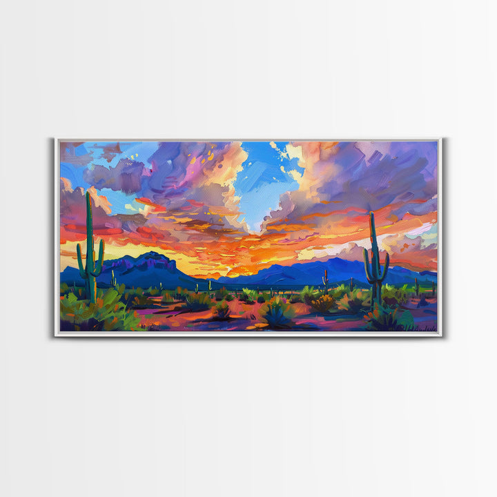 Stunning Desert Sunset with Cacti Silhouettes, Framed Canvas Print for Bedroom Art, Great for Boho and Southwestern Decor