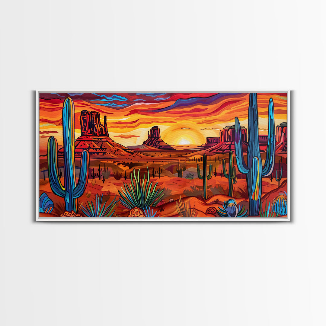 Colorful Desert Evening with Cacti and Mountains, Framed Canvas Print for Bedroom Art, Great for Boho and Southwestern Decor