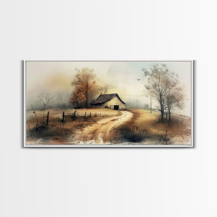 Misty Morning Farmhouse with Winding Path, Beautiful Framed Canvas Print for Bedroom, Boho Wall Art, Countryside Decor
