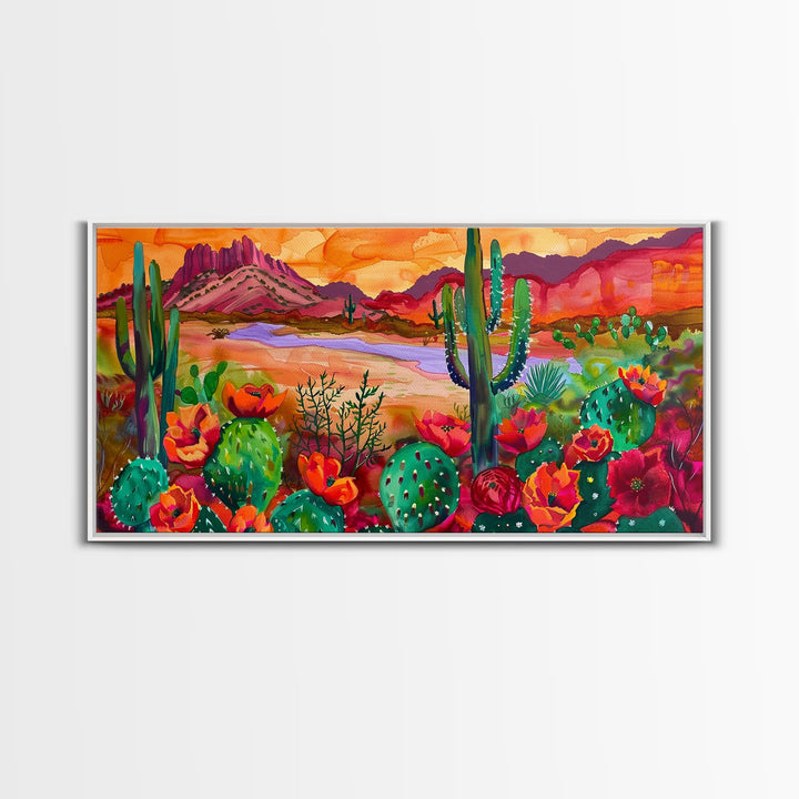 Majestic Cacti and Mountains at Sunset, Captivating Framed Canvas Print for Bedroom, Southwestern Style Wall Art, Nature Scene