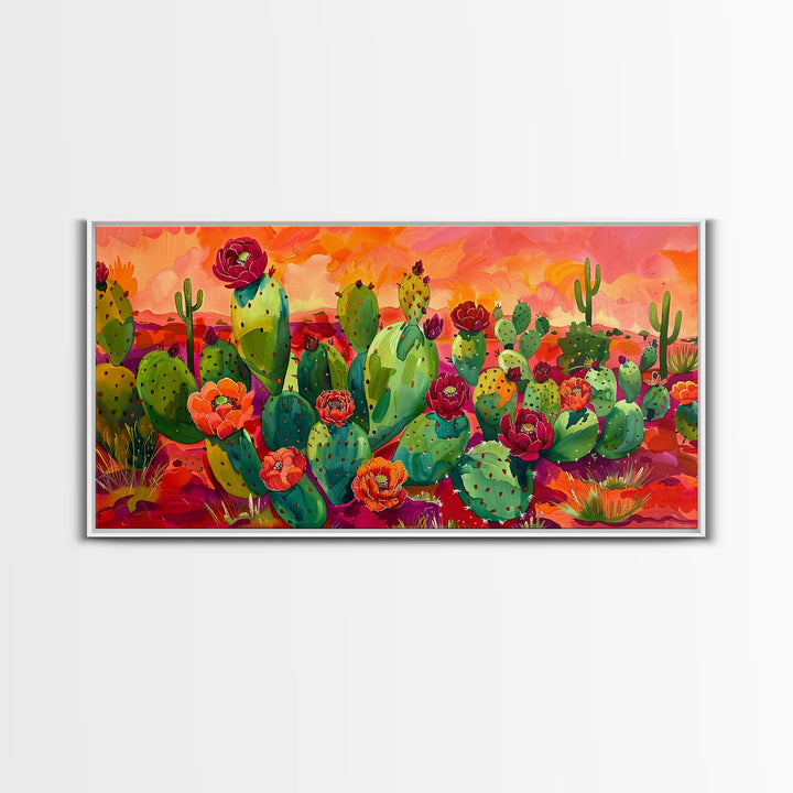 Bright Desert Flowers and Cacti with Mountains, Vibrant Framed Canvas Print for Home, Boho Wall Art, Nature Lover's Decor