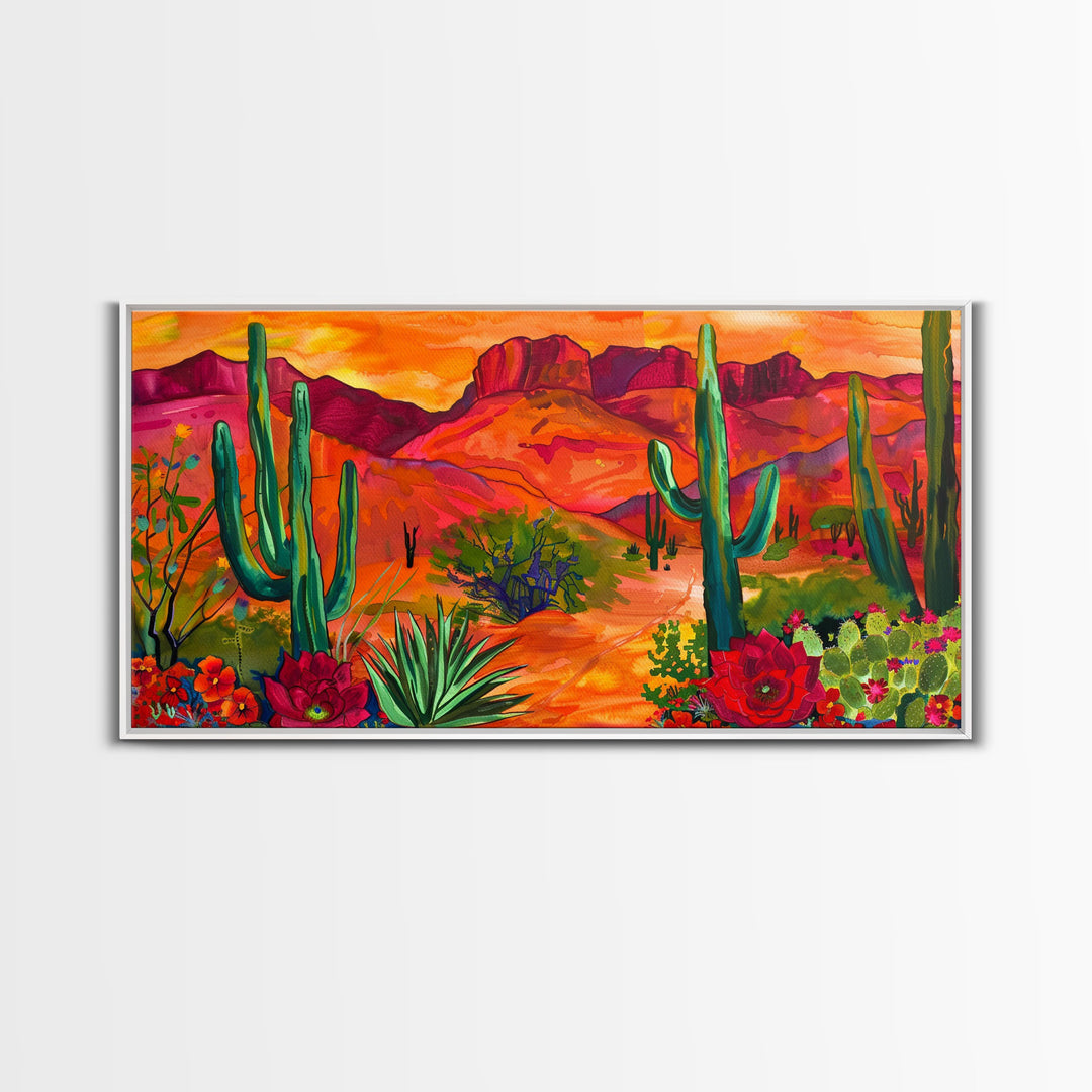 Colorful Desert Landscape with Cacti and Mountains, Stunning Framed Canvas Print for Living Room, Boho Wall Art, Nature Decor