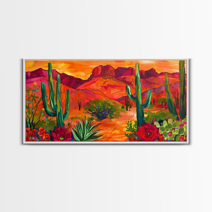 Colorful Desert Landscape with Cacti and Mountains, Stunning Framed Canvas Print for Living Room, Boho Wall Art, Nature Decor