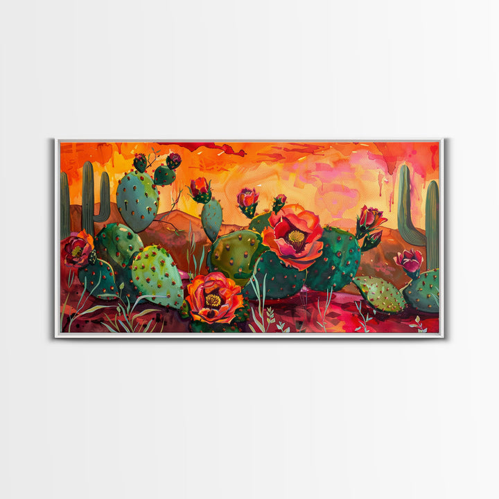Prickly pear cacti with vibrant blooms in desert scene, Framed Canvas Print, great for modern living room, boho wall decor