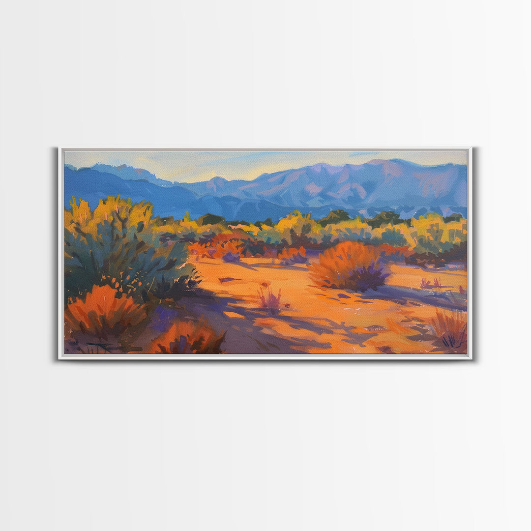 Serene desert landscape with vibrant colors, Framed Canvas Print, perfect for boho living room, southwestern wall art decor