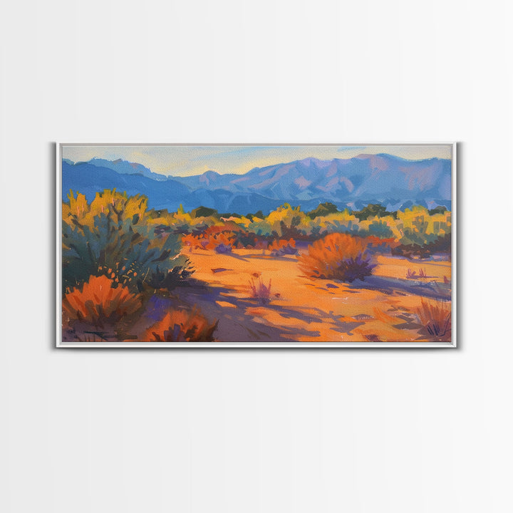 Serene desert landscape with vibrant colors, Framed Canvas Print, perfect for boho living room, southwestern wall art decor