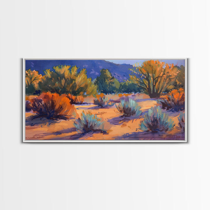 Colorful desert scene with distant mountains, Framed Canvas Print, ideal for minimalist living room, boho wall art decor