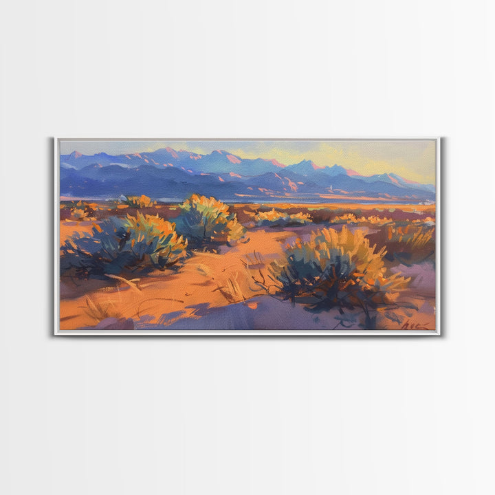 Desert brush and vibrant colors at sunset, Framed Canvas Print, perfect for southwestern living room, bohemian wall decor art