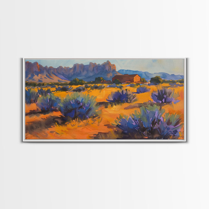 Rustic Barn in Desert Scene, Stunning Wall Art for Bedroom, Framed Canvas Print, Boho Style, Minimalist Home Decoration