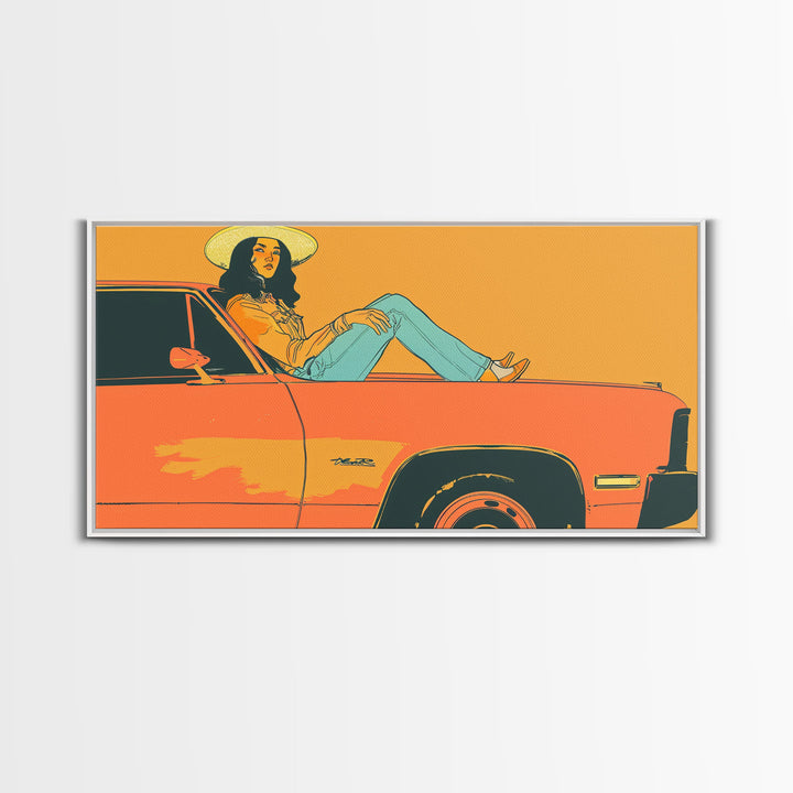 Relaxed Cowgirl Sitting on Car Hood, Retro Framed Canvas Print for Bedroom, Perfect Living Room Art, Vintage Wall Decor