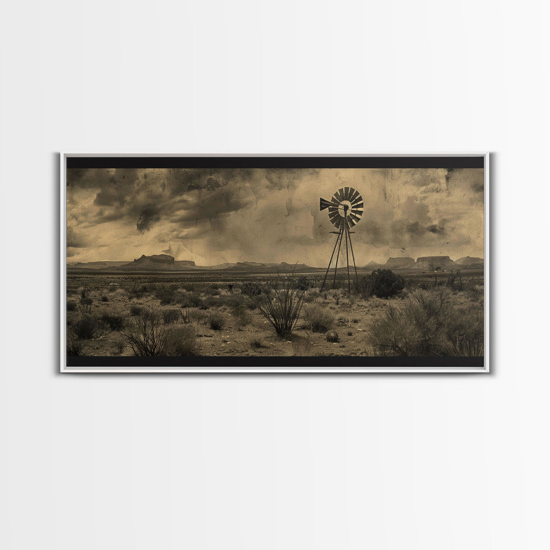 Rustic Windmill in Desert Landscape, Framed Canvas Print for Western Style Living Room, Perfect Bedroom Wall Art, Vintage Decor