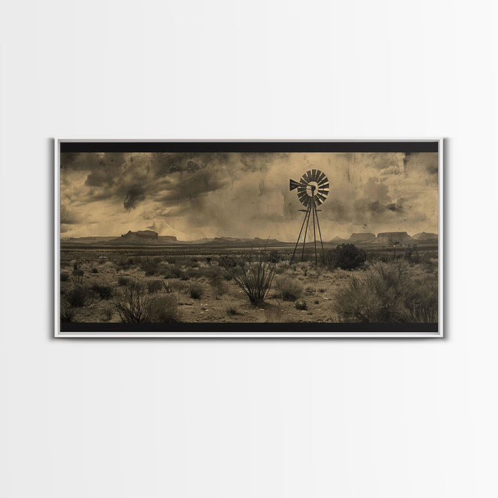 Rustic Windmill in Desert Landscape, Framed Canvas Print for Western Style Living Room, Perfect Bedroom Wall Art, Vintage Decor