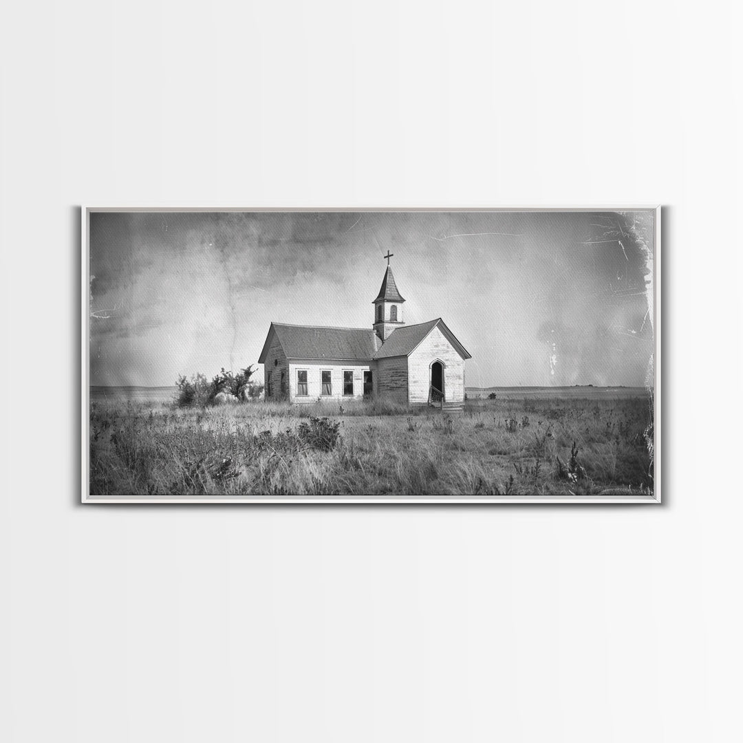 Vintage Country Church in Open Field, Framed Canvas Print for Living Room Decor, Perfect Bedroom Art, Rustic Western Wall Art