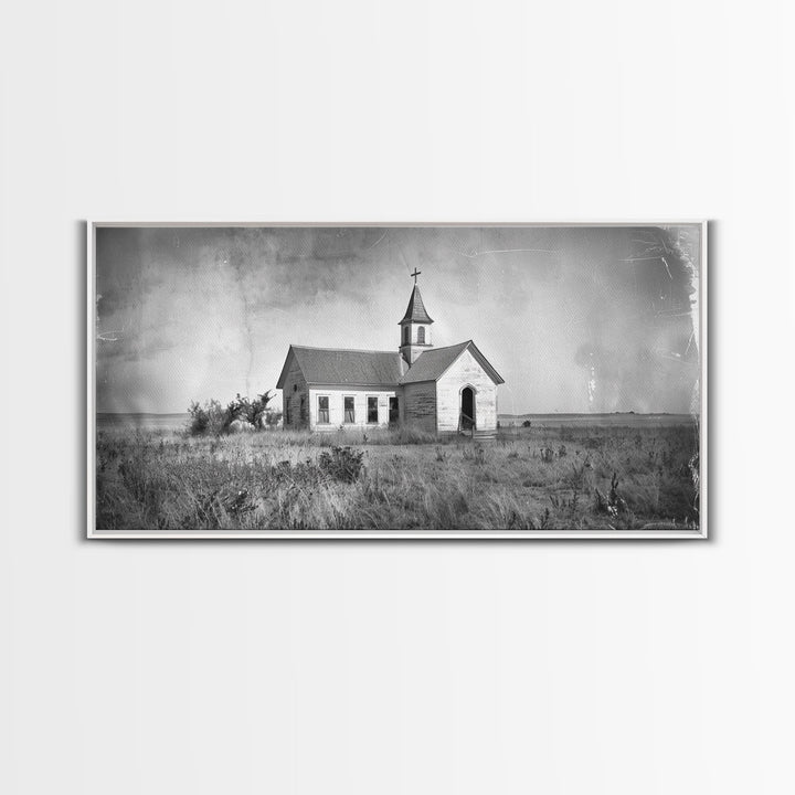 Vintage Country Church in Open Field, Framed Canvas Print for Living Room Decor, Perfect Bedroom Art, Rustic Western Wall Art
