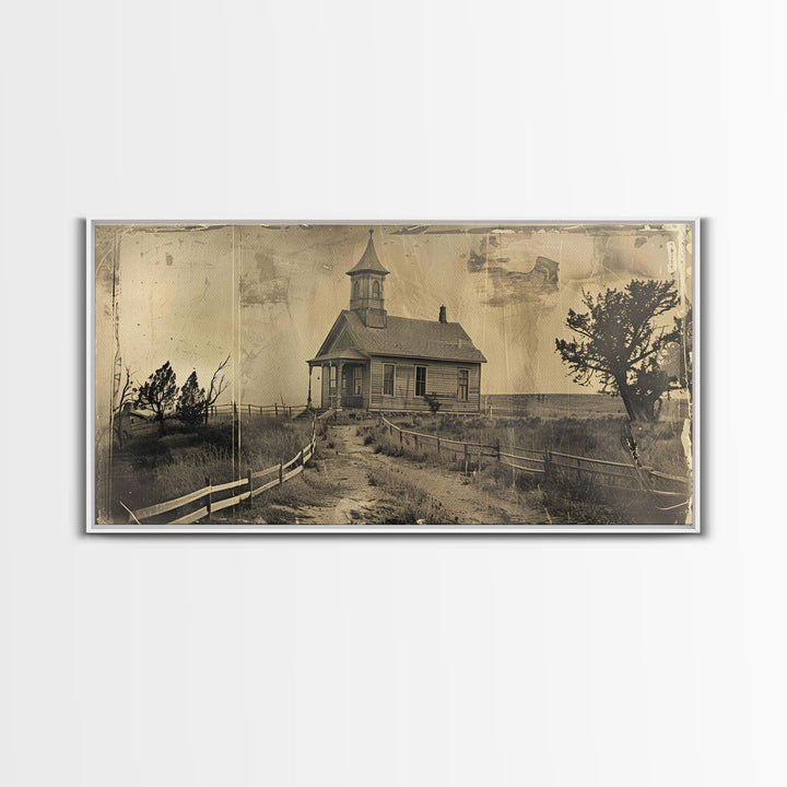 Old Country Church with Fenced Path, Framed Canvas Print for Living Room Decor, Perfect Bedroom Wall Art, Vintage Western Scene