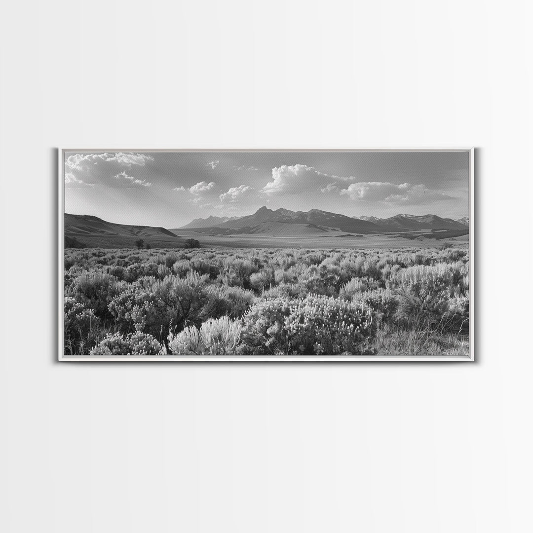 Mountain Range with Rolling Hills and Sagebrush, Framed Canvas Print Farmhouse Living Room Wall Art, Rustic Home Decor, Scenic Landscape Art