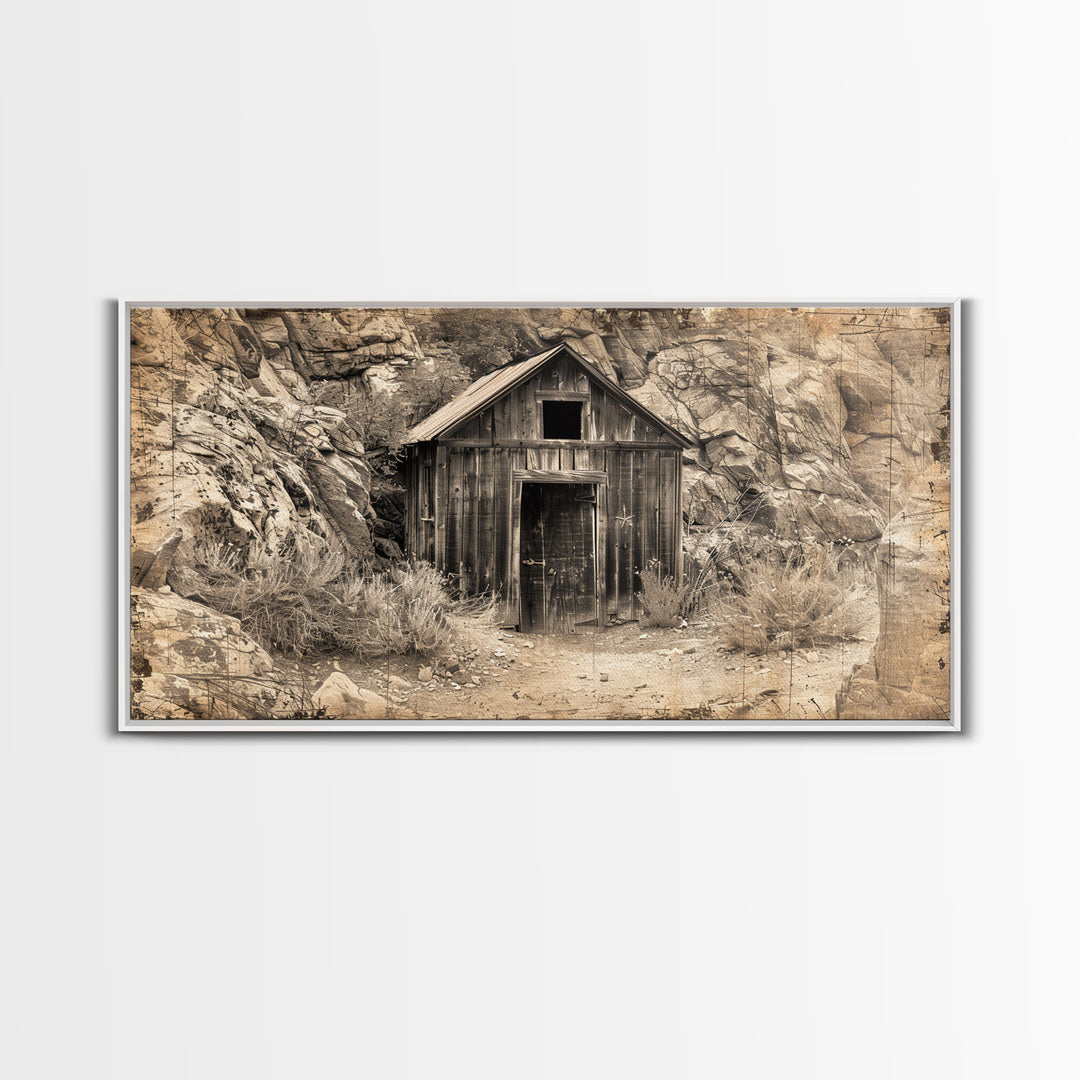 Old Wooden Shack in Rocky Terrain, Farmhouse Style Framed Canvas Print for Bedroom Art, Historical Home Decoration, Rustic Wall Art Piece