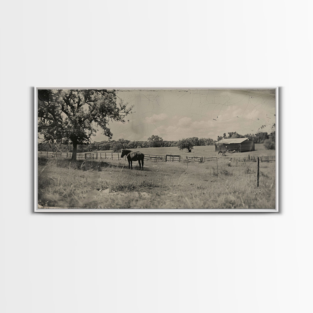 Horse Grazing in Pasture by Farmhouse, Antique Style Framed Canvas Print Country Living Room Decor, Rustic Farmhouse Wall Art, Nature Scene