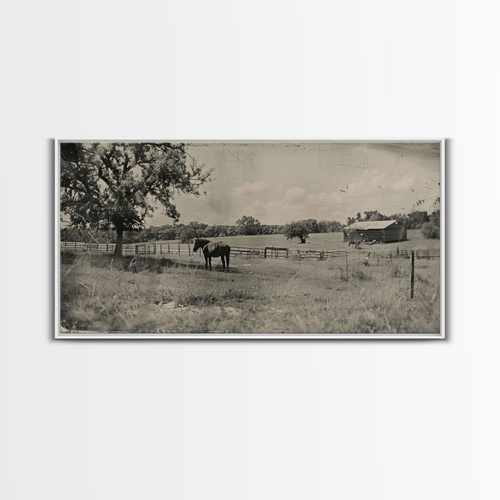 Horse Grazing in Pasture by Farmhouse, Antique Style Framed Canvas Print Country Living Room Decor, Rustic Farmhouse Wall Art, Nature Scene