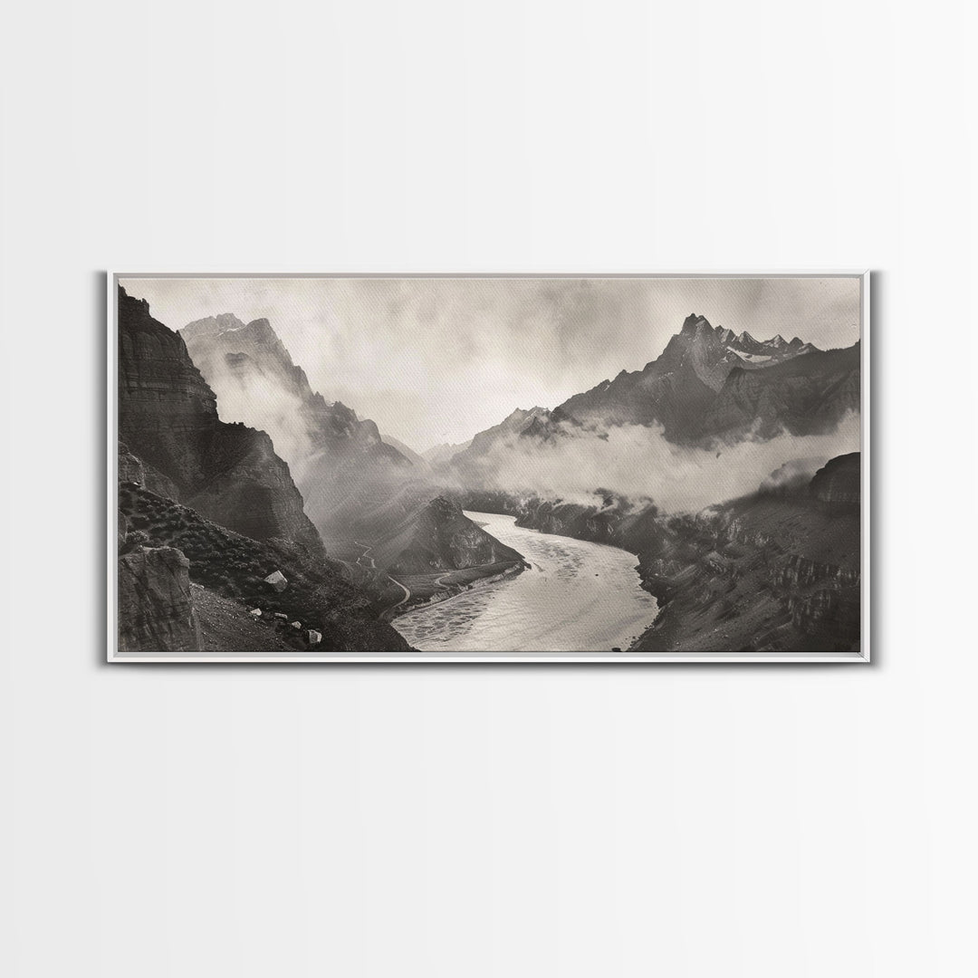 River Flowing through Mountain Valley, Black and White Framed Canvas Print for Farmhouse Bedroom Wall Art, Home Decoration, Scenic Nature