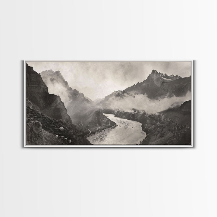 River Flowing through Mountain Valley, Black and White Framed Canvas Print for Farmhouse Bedroom Wall Art, Home Decoration, Scenic Nature