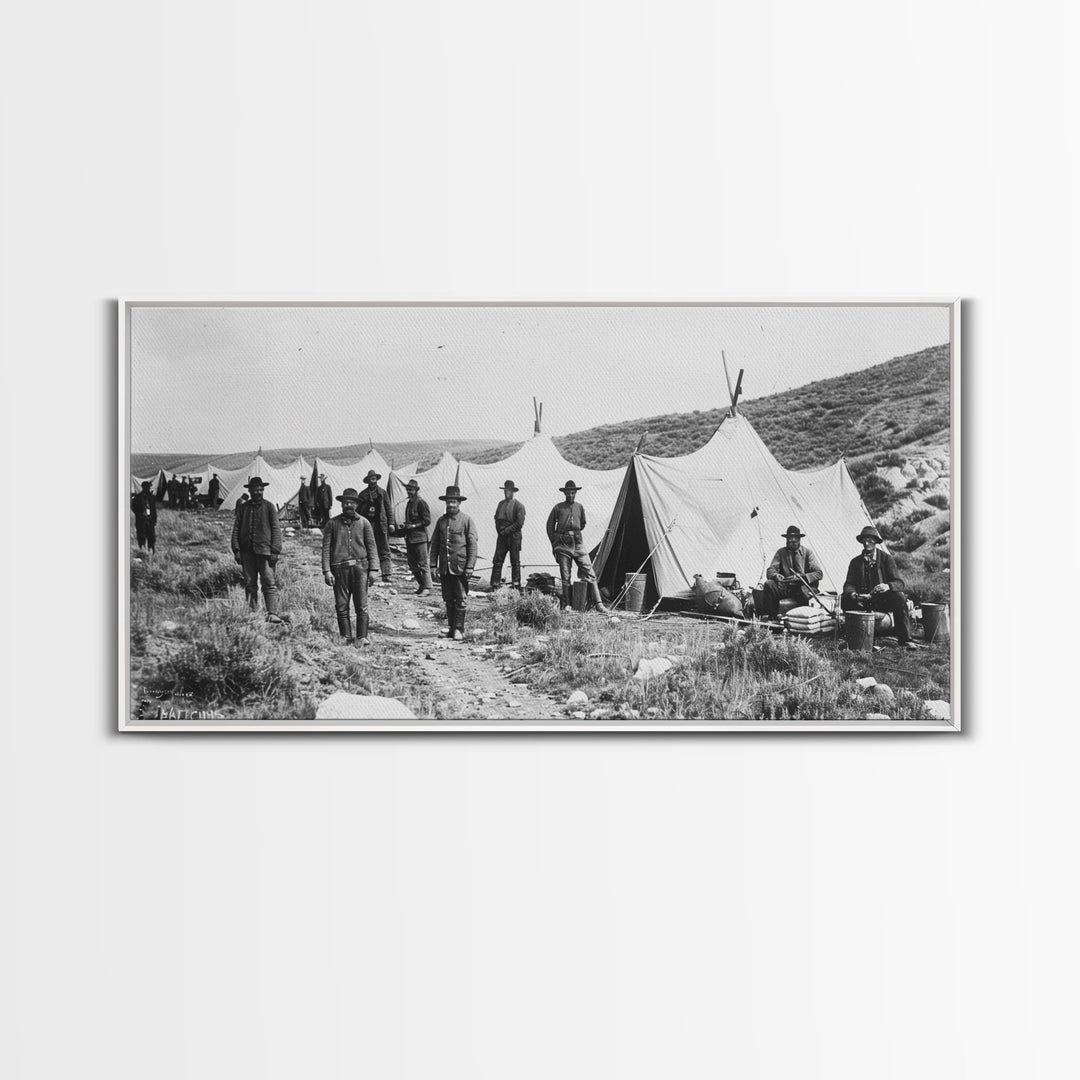 Military Camp with Tents and Soldiers, Farmhouse Style Framed Canvas Print for Historical Home Decor, Living Room Wall Art, Vintage Scene